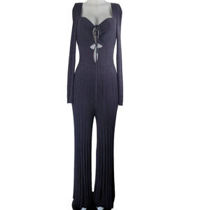 Free People Lady Luck Knit Wide Leg Pleated Jumpsuit Purple Stretch Small NWT